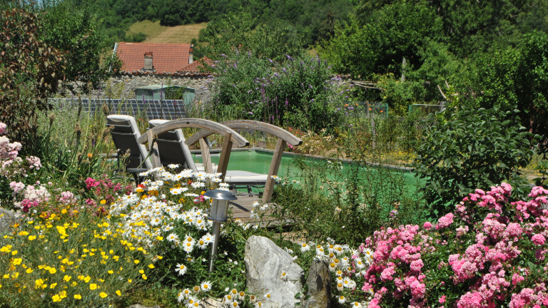 Vue sur la piscine naturelle et cologique de la chambre d'htes avec au premier plan un petit massif fleuri et un petit pont de bois