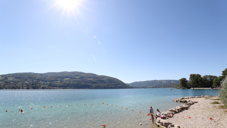 vue sur le lac rives sud depuis la plage du pin en pleine t. Ciel bleu et grand soleil.