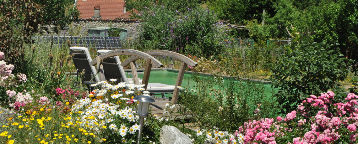 Vue sur la piscine naturelle et cologique de la chambre d'htes avec au premier plan un petit massif fleuri et un petit pont de bois