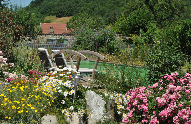 Vue sur la piscine naturelle et cologique de la chambre d'htes avec au premier plan un petit massif fleuri et un petit pont de bois